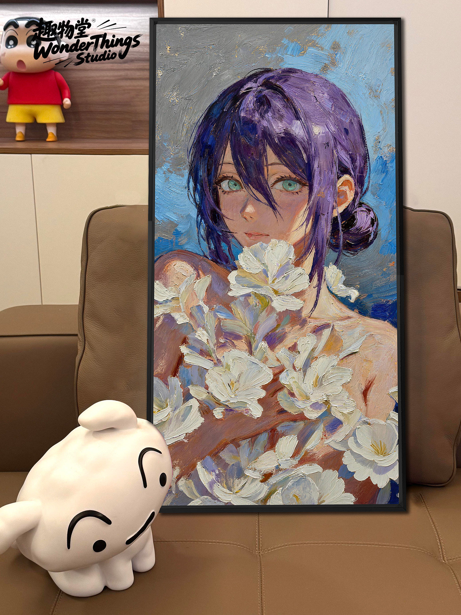 电锯人油画百合蕾塞肌理油画复古北欧简约艺术风格装饰画