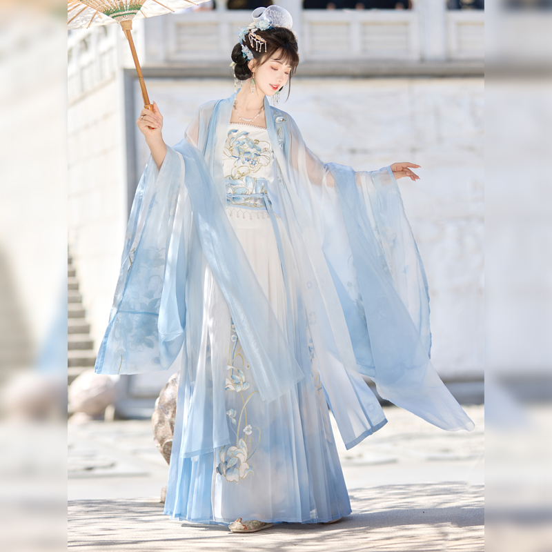 汉服女阑珊小记原创【碧波荷韵】重工刺绣超仙大袖衫齐腰襦裙套装