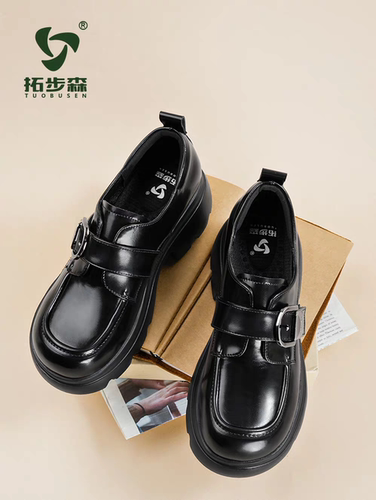 拓步森M6677英伦风厚底乐福鞋女黑色百搭学院风磁疗振动按摩鞋