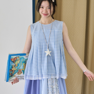 简约宽松圆领格纹背心 上衣 nothe Case「夏盐漫漫」大摆压褶无袖