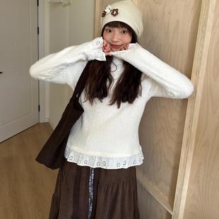 上衣 花边长袖 notheCase「雪绒公主」白色毛绒高领内搭打底衫 修身