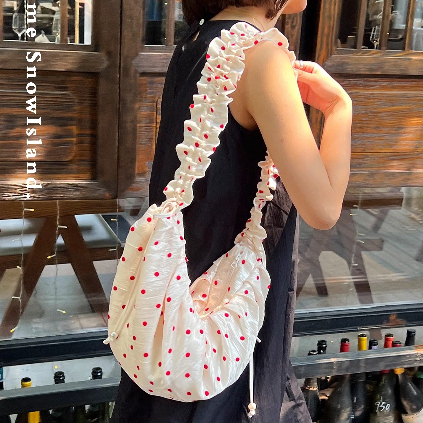 nothe Case「莓涟花影」褶皱花边波点饺子包 抽绳拉链斜挎帆布包