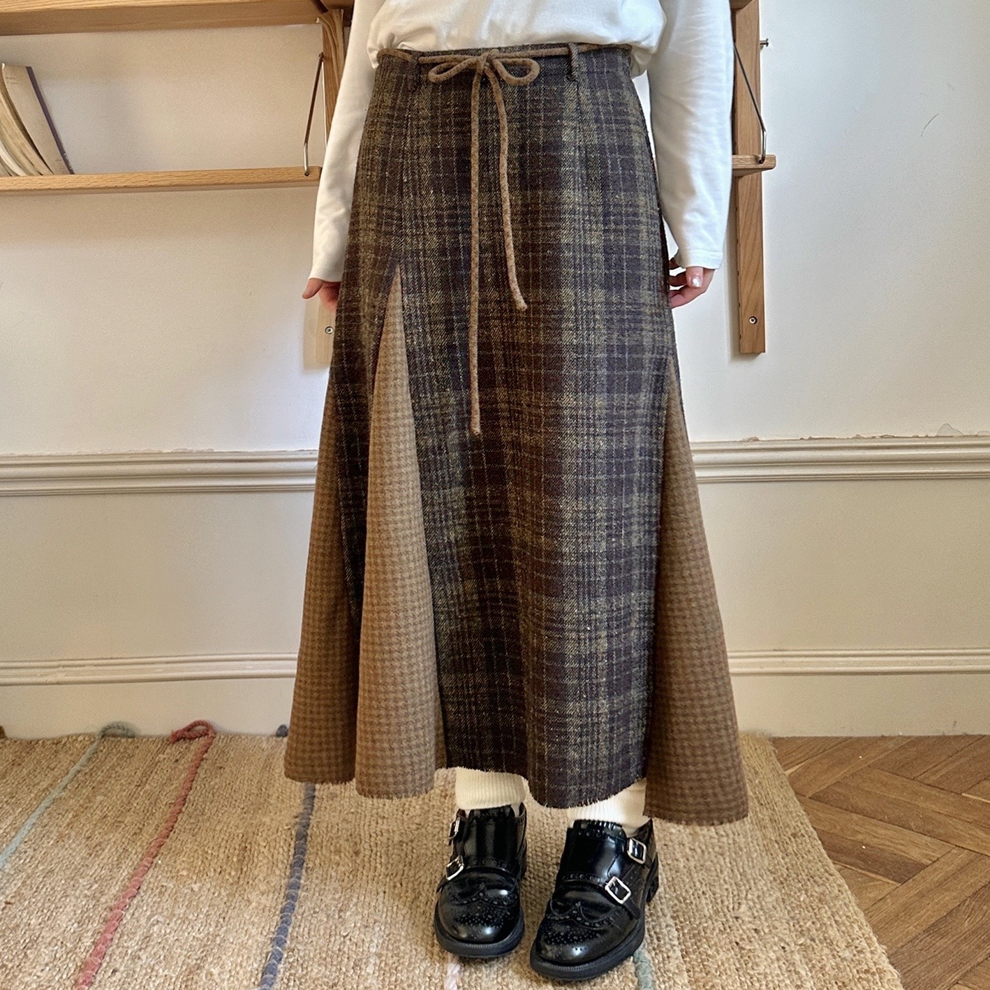 「冬日午后」黄咖色格纹插片裙