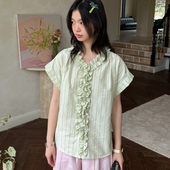 nothe Case「冰摇青柠」慵懒春夏浅绿条纹衬衫 木耳花边精致上衣