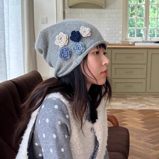 nothe 慵懒可爱护耳针织帽 Case「梨花岛」卷边美丽诺兔毛堆堆帽