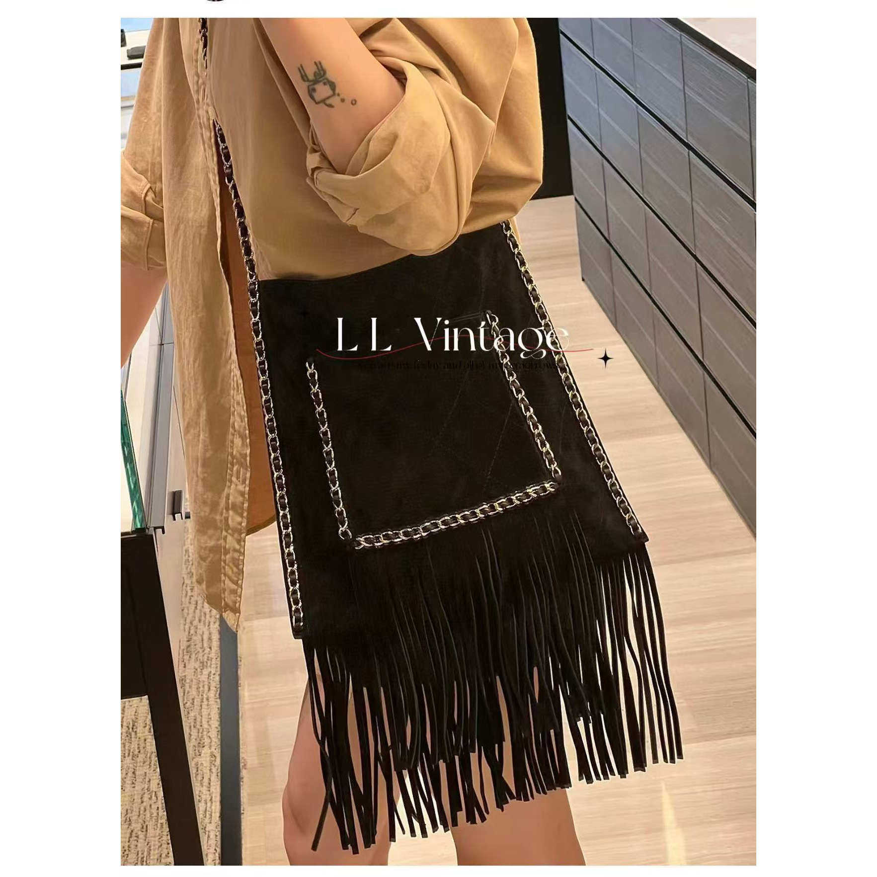 中古麂皮流苏手工包单肩女包