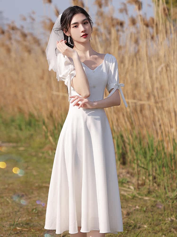White evening dress female banquet temperament can usually wear certificate registration student temperament socialite small dress dress