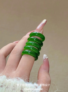 天然和田玉戒指碧玉戒指菠菜绿戒圈飘花玉戒指翡翠戒指情侣款送礼