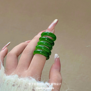 天然和田玉戒指碧玉戒指菠菜绿戒圈飘花玉戒指翡翠戒指情侣款送礼