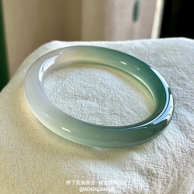 高冰种玛瑙手镯半山半水油青色荔枝冻玉髓美人条胖圆条玉手镯子