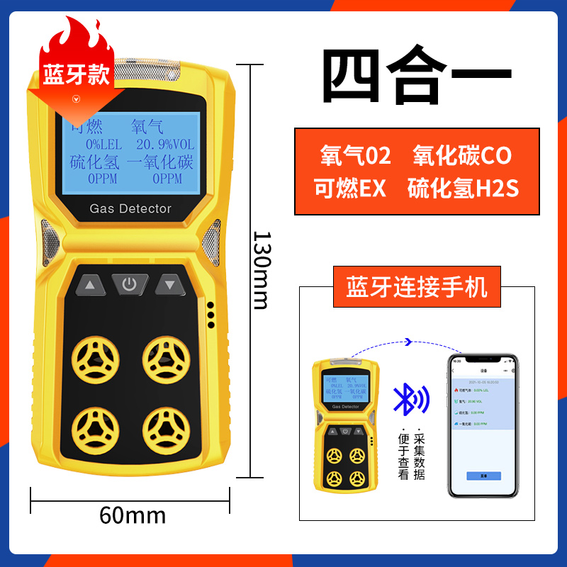便携式四合一气体检测仪可燃气体氧气硫化氢一氧化X碳毒气报警器