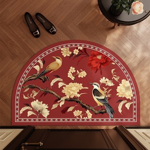 中式轻奢风入户门地垫花鸟高级艺术感进门地垫玄关家用皮革脚垫