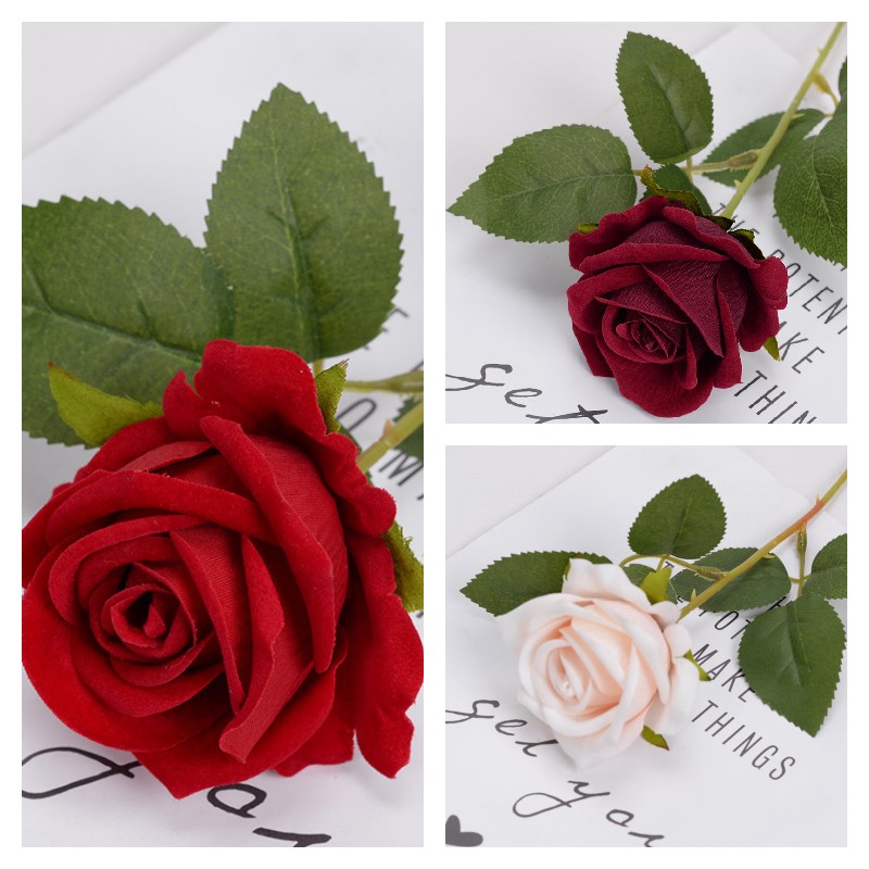 仿真玫瑰花单支家居装饰情人节礼物绒布人造花假花束客厅餐桌摆件