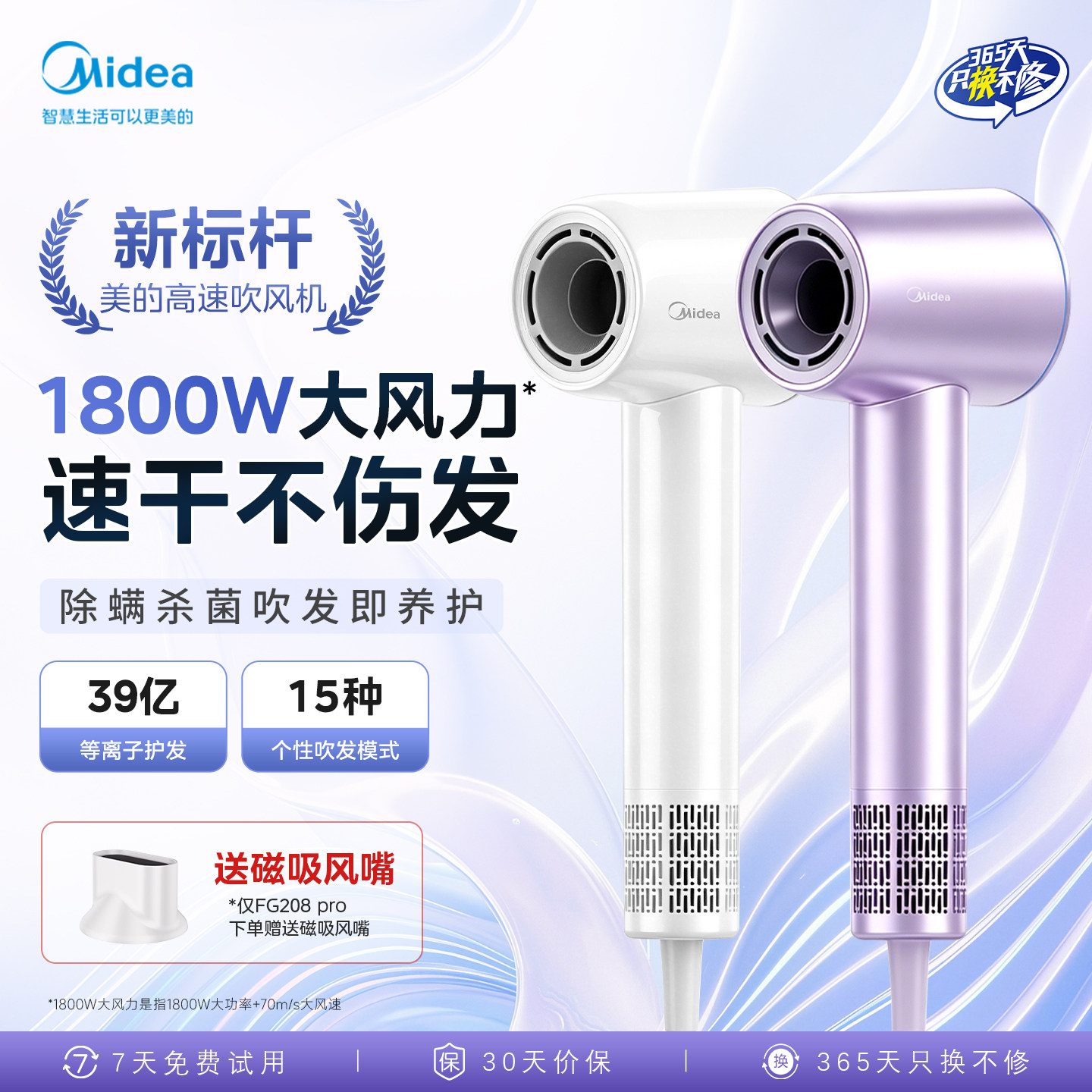 美的高速吹风机负离子护发静速干音学生家用大功率新款小柔光Pro