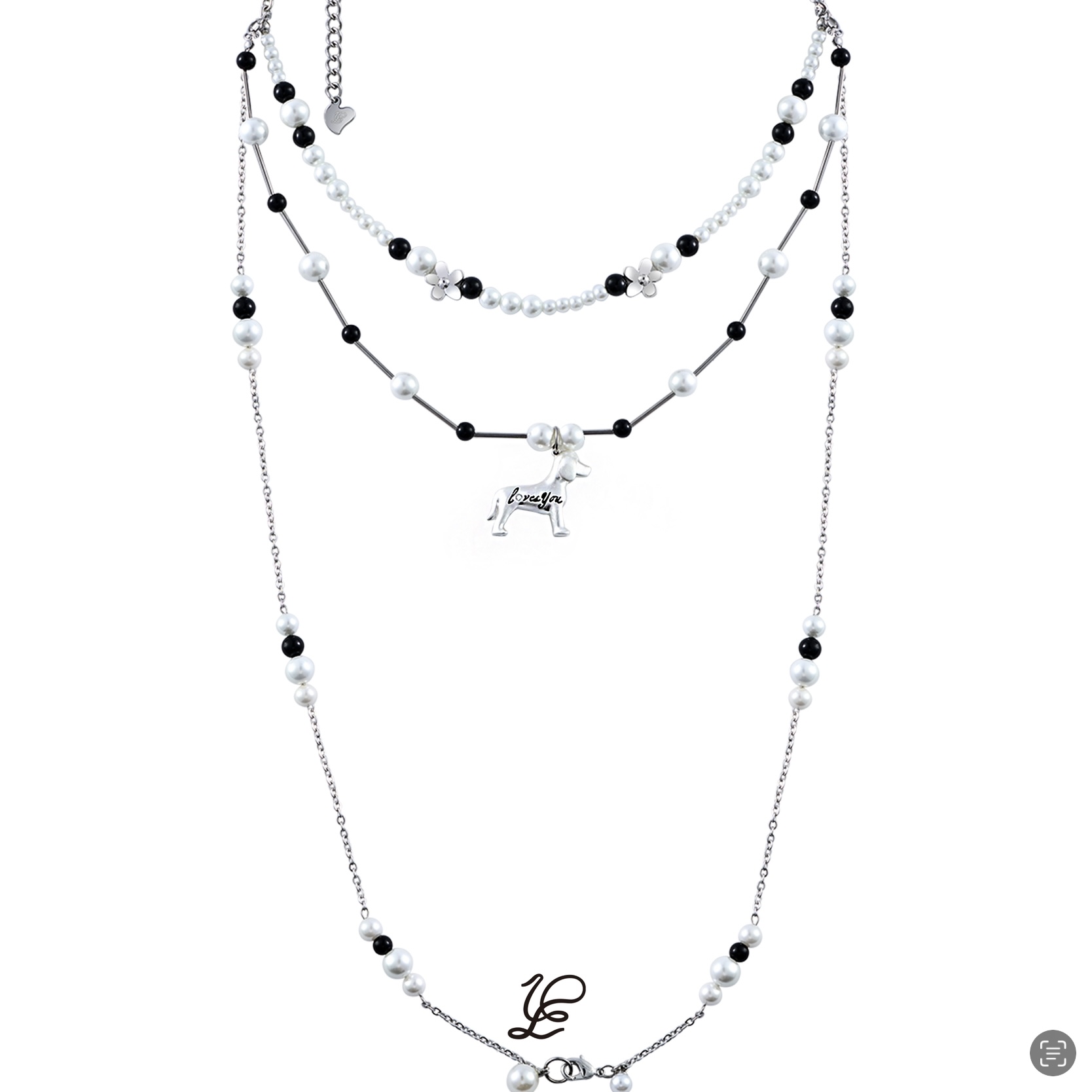 1P Jewelry PUPPY LOVES YOU系列三种戴法多层珍珠链条小狗项链