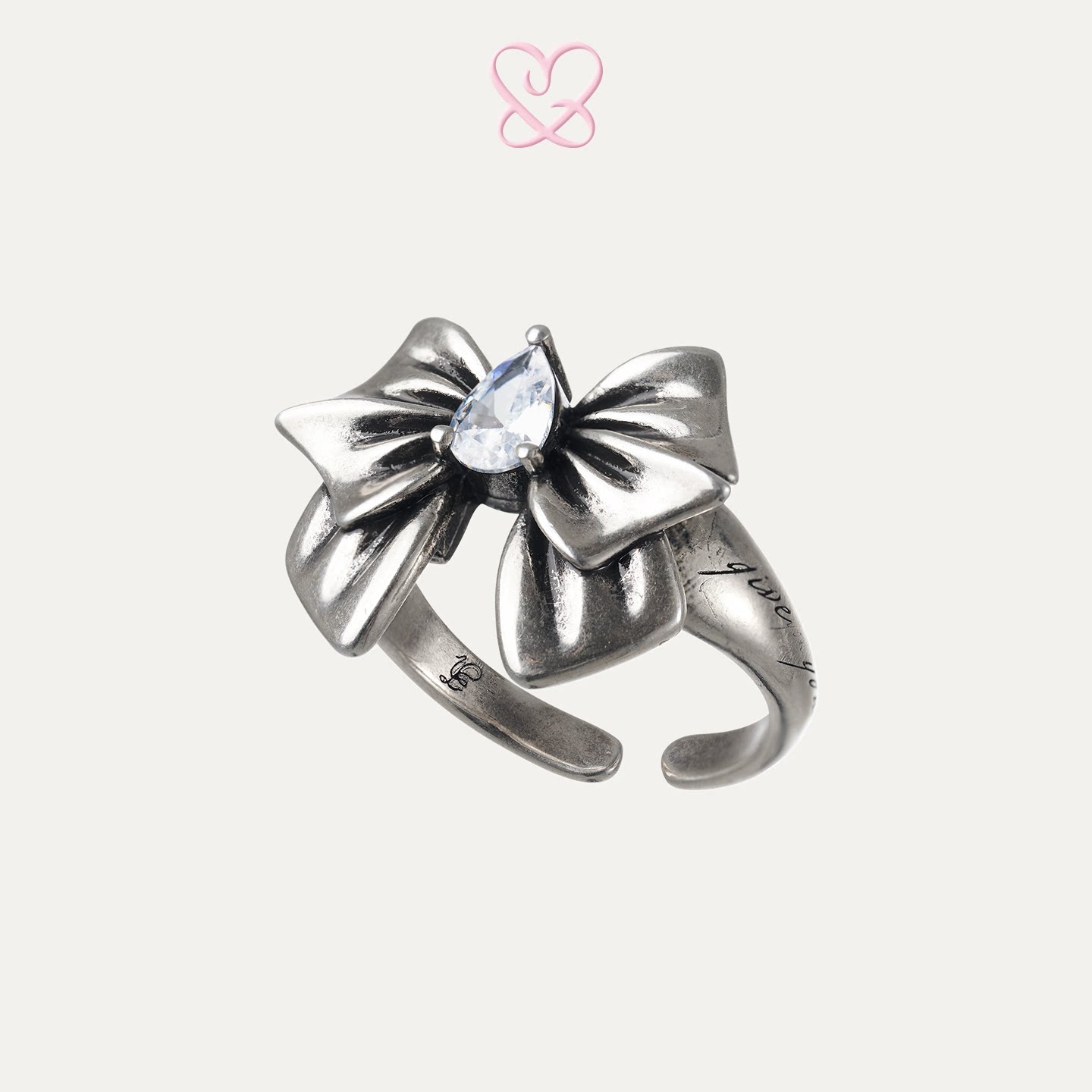 1P Jewelry 做旧效果蝴蝶结锆石镶嵌戒指开口戒