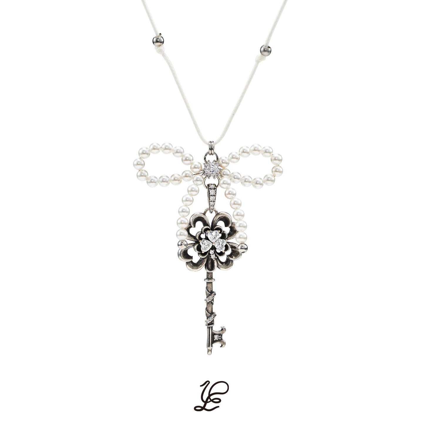 1P Jewelry幸运之钥系列 珍珠串珠蝴蝶结钥匙皮绳长项链