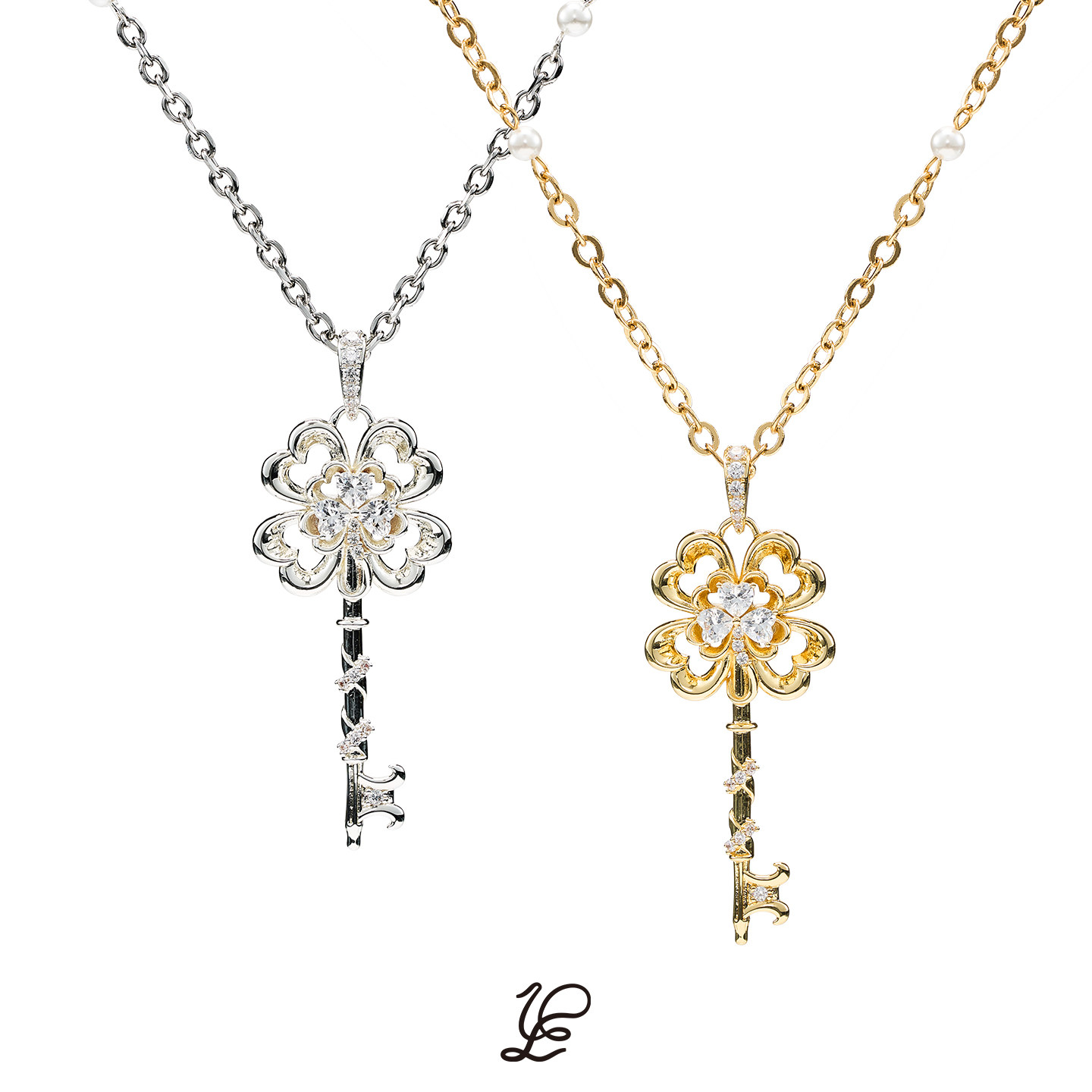 1PJewelry幸运之钥系列金银三叶草锆石镶嵌四叶草钥匙珍珠项链