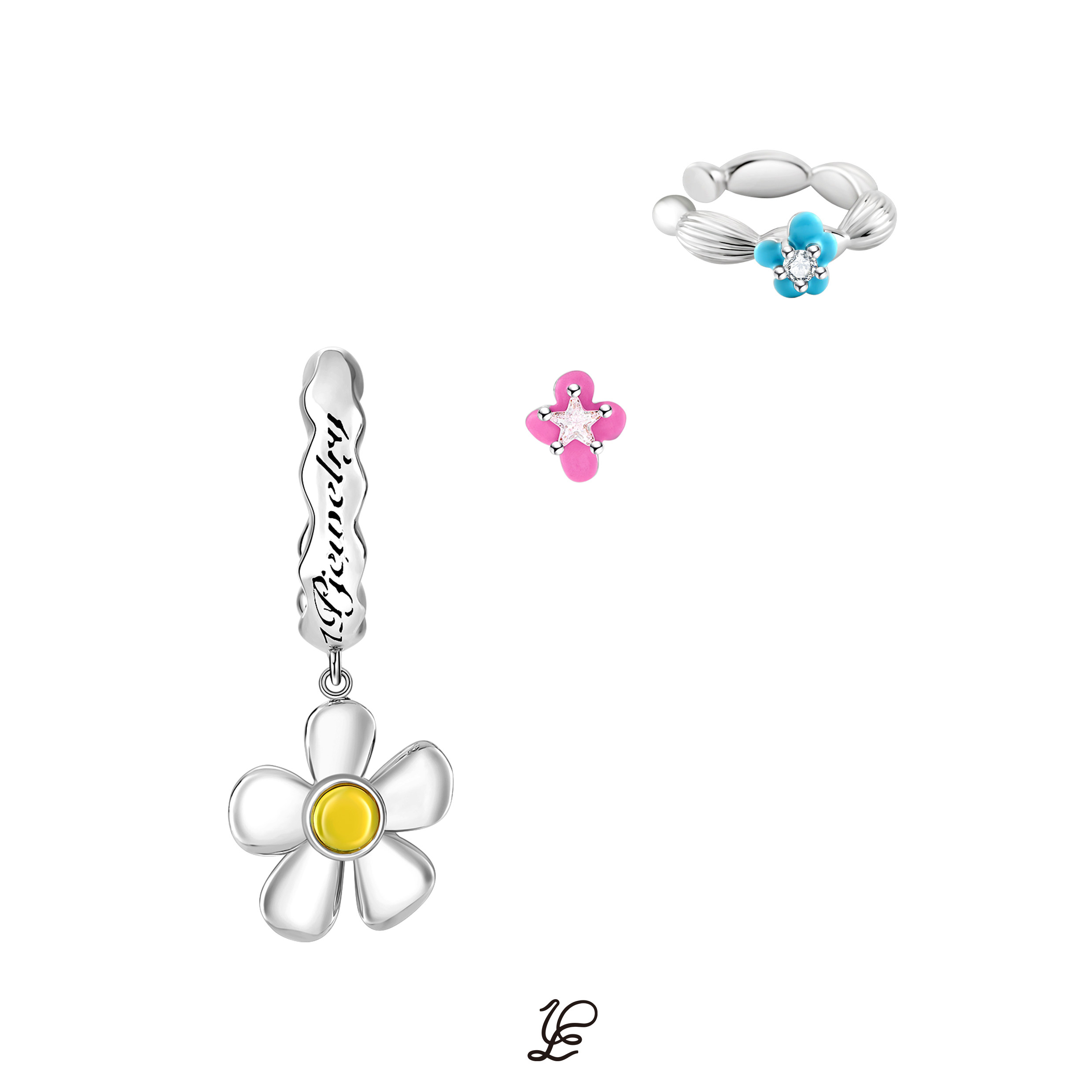 1P Jewelry 彩色花朵锆石镶嵌耳钉耳夹套组