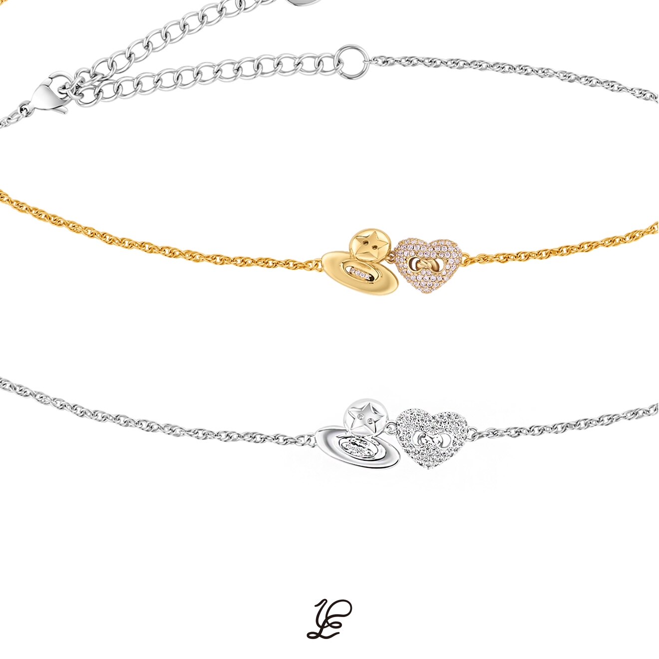 1P Jewelry 爱意紧扣系列 金银双色满钻爱心纽扣组合项链锁骨链