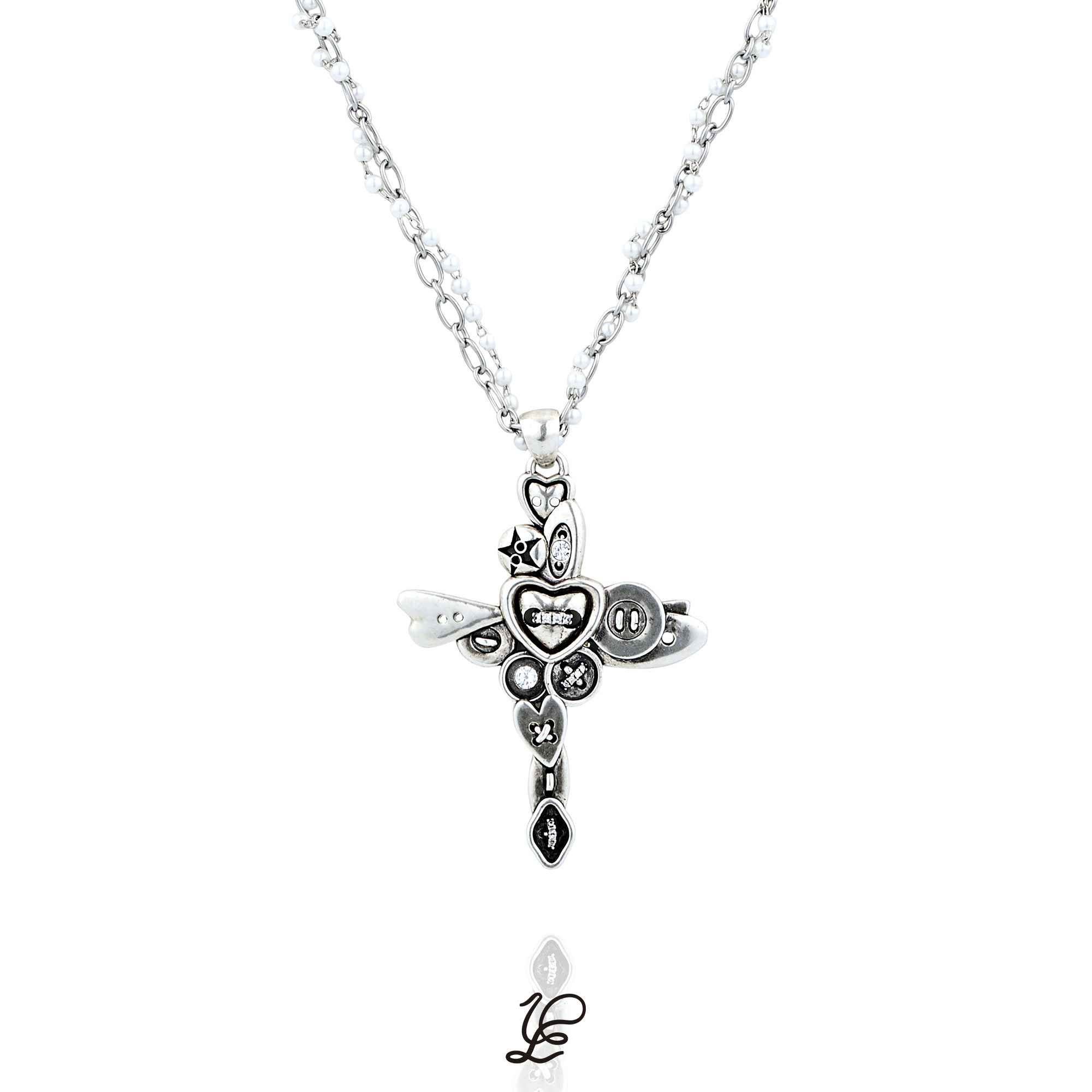 1P Jewelry 爱意紧扣系列 做旧古银色纽扣堆叠珍珠大十字架长项链