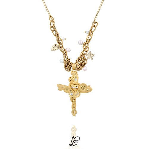 1P Jewelry 爱意紧扣系列 拉丝金色纽扣堆叠十字架珍珠长项链