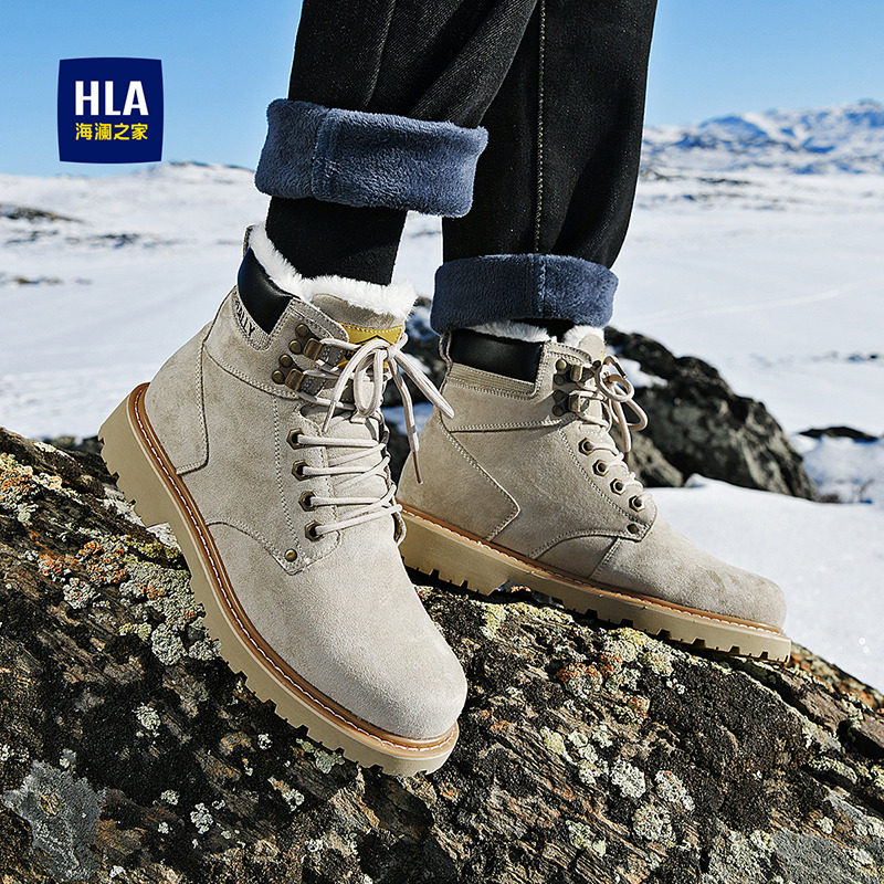 HEILAN HOUSE MENS SHOES MARTIN BOOTS MENS 2024 WINTER HIGH-TOP BRITISH STYLE FLEECE THICKENED WARM COTTON SHOES RHUBARB BOOTS