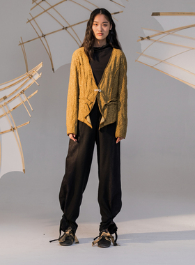 EXCEPTION时尚枫叶提花绑带收脚黑色宽松直筒休闲裤女A119-Q1G04