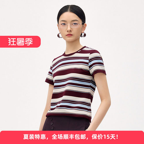 迪凯撞色条纹针织短袖女T恤