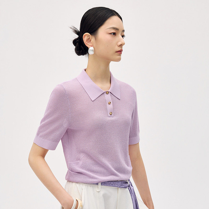 Distin Kidny/迪凯夏季新品高级感翻领短袖针织女POLO衫气质上衣