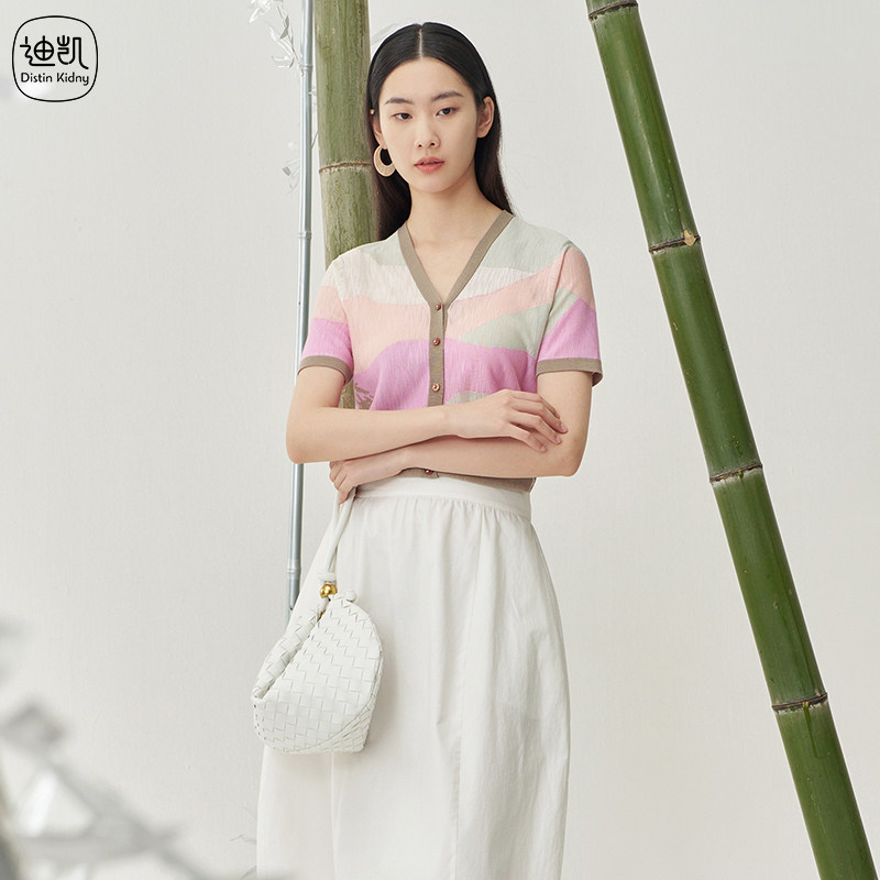 Distin Kidny/迪凯夏季拼色V领短袖针织开衫女百搭高级感减龄上衣