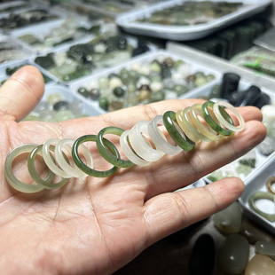 天然和田玉精品冰白玉烟紫湖水绿碧玉直切素圈戒指细圆条戒圈跑环