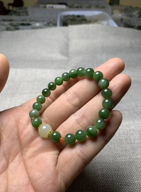 天然和田玉新疆碧玉手链手串单圈圆珠佛珠菠菜绿男女款玉石礼物