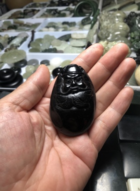 天然和田玉青海料黑皮料怒目钟馗手把手机坠手链吊坠挂件毛衣链