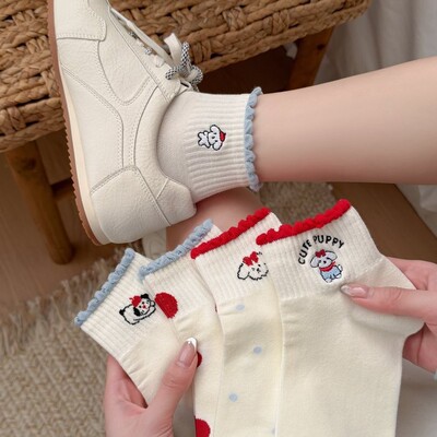 武大君春季新爆款棉质短筒女袜红色卡通小狗袜子女孩短袜卡通袜子