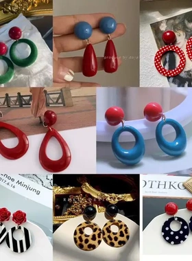 日韩vintage手作复古港风简约红色波点耳环夸张气质几何撞色耳饰