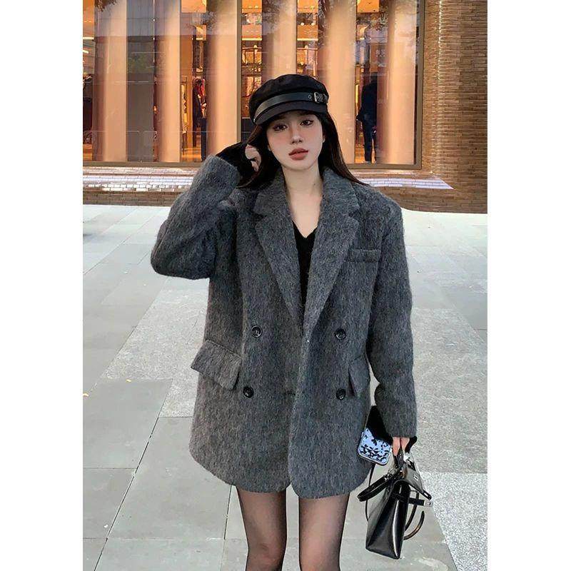 灰色高级感毛呢西装外套女冬季韩版宽松休闲廓形气质垫肩呢子大衣,女装/女士精品,时尚套装,淘宝优惠券,粉丝福利购,淘宝优惠卷