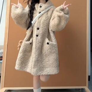2025新款连帽羊羔毛绒外套女秋冬小个子韩系慵懒风中长款加厚大衣