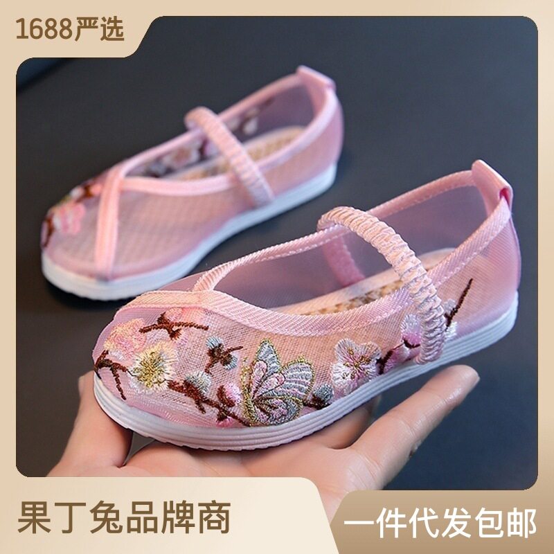 夏季新款儿童女鞋古风网纱鞋汉服鞋子女童绣花鞋网布凉鞋厂家直销