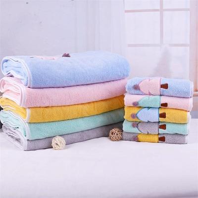 素色可爱毛巾浴巾套装吸水柔软珊瑚绒包边毛巾浴巾两件套刺绣logo
