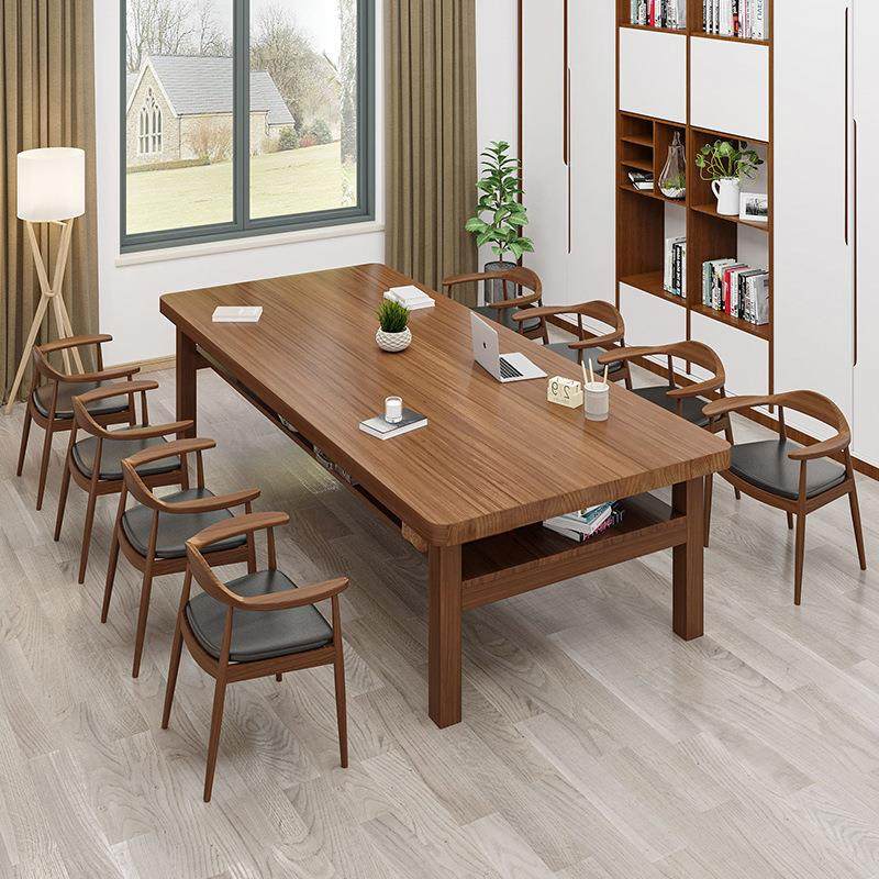 北欧实木会议桌家用客厅多人双层大书桌办公长桌子学生图书馆桌子