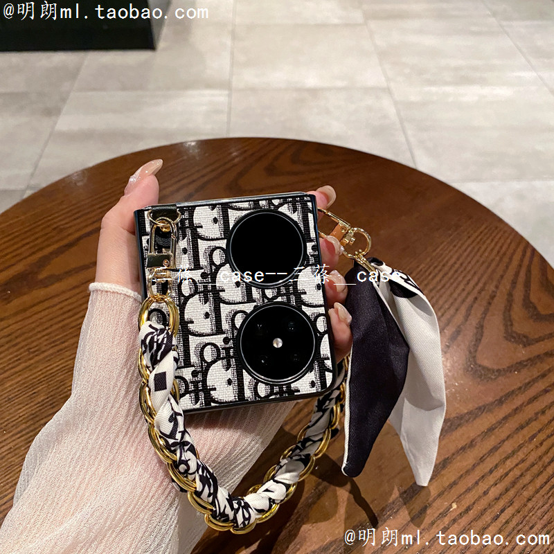 高档奢华适用华为pocket2手机壳欧美潮牌p50pocket折叠屏复古皮纹POCKETS高级感气质女款手提丝巾链条保护套