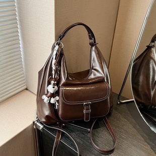 复古韩系大容量斜跨手提包通勤大学生百搭双肩背包美拉德三用包女