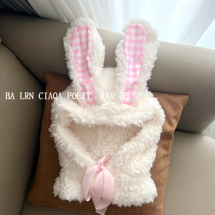 寒冬保暖帽子2024秋冬韩国两件套可爱兔子女洋气加厚毛绒一体帽潮