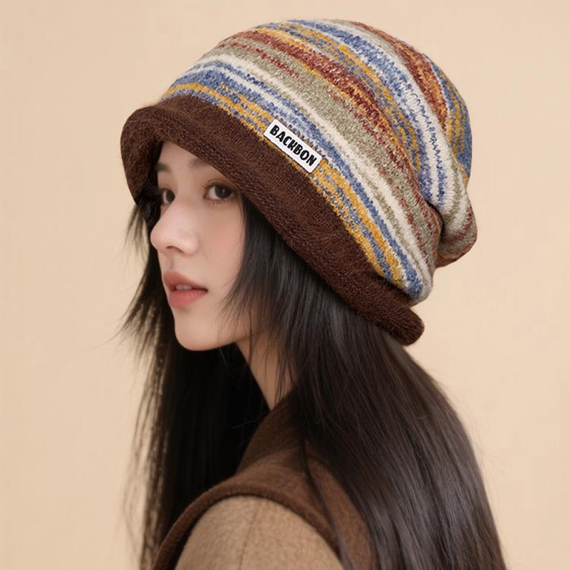 2025美式复古条纹混彩堆堆帽