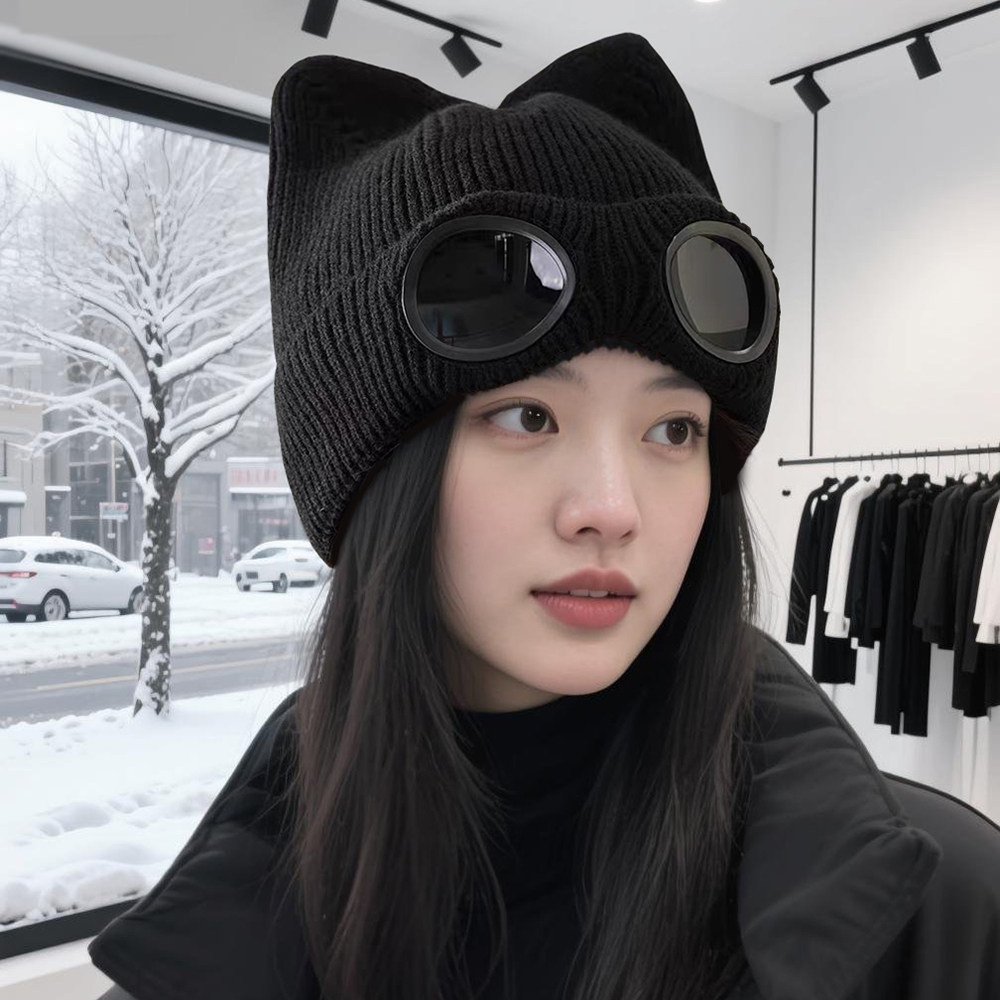 2025冬季女生猫耳针织帽时尚潮酷护目镜套头帽加绒保暖个性帽子男