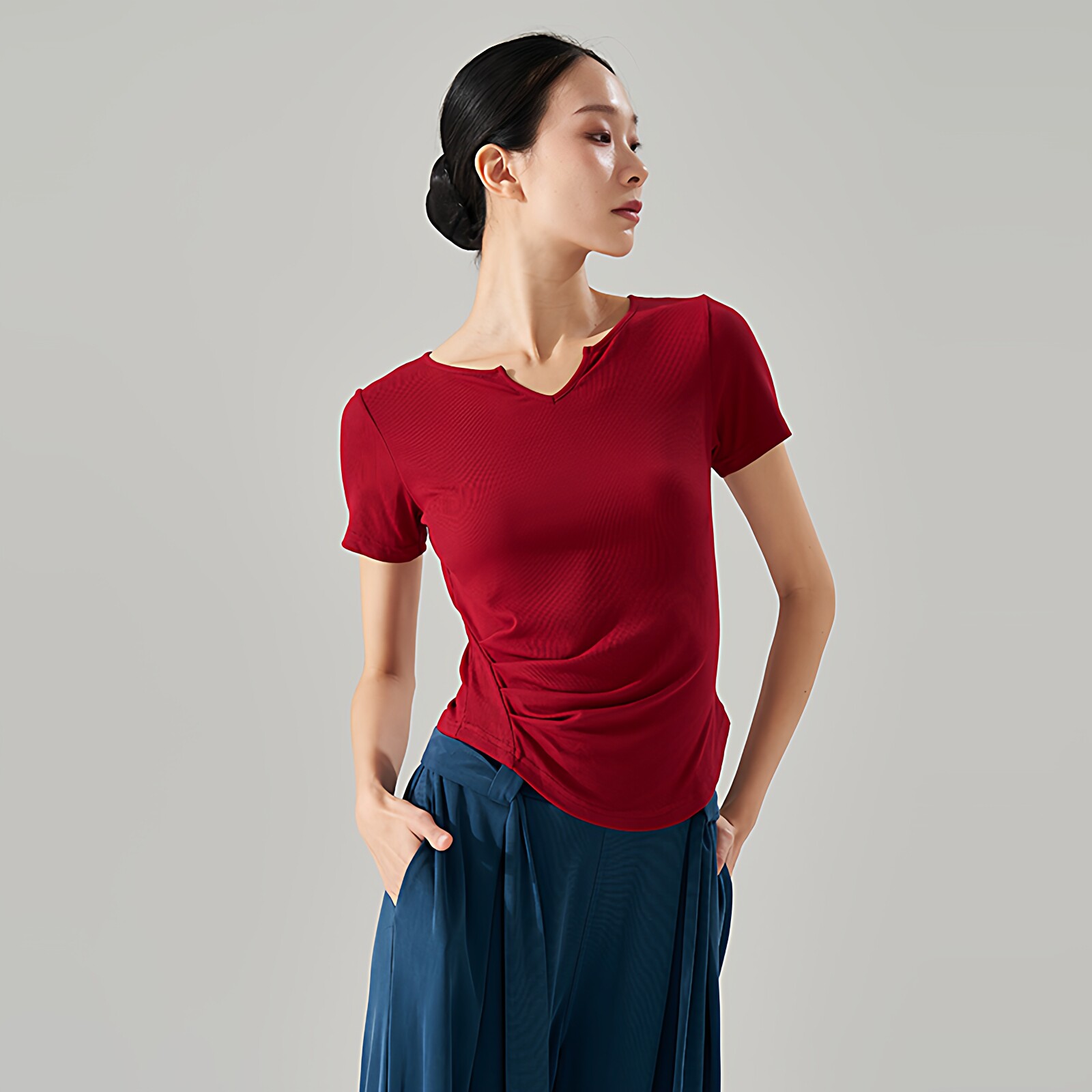 春夏短袖现代舞古典形体中国舞上衣红色舞蹈练功服套装日常可穿