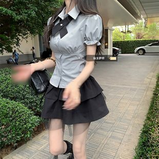 JK制服衬衫 收腰甜辣妹学院风套装 短裙蓬蓬裙夏季 裙子修身 女两件套