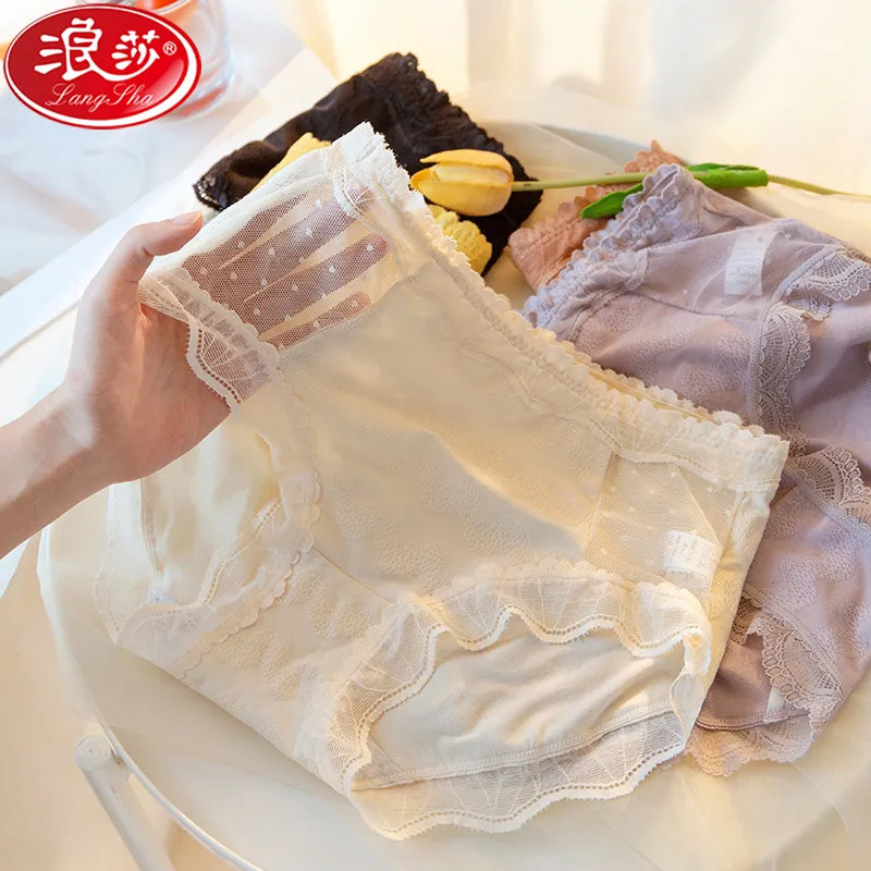 浪莎正品三条装蕾丝内裤女中腰全棉柔软透气抗菌裆性感三角裤