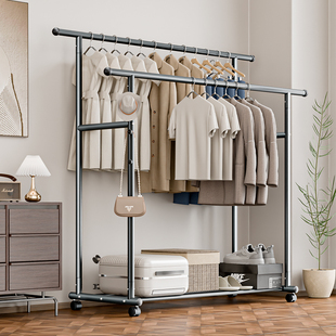 加粗简易双杆衣帽架落地卧室挂衣架家用阳台晒被室内晾衣架挂衣杆